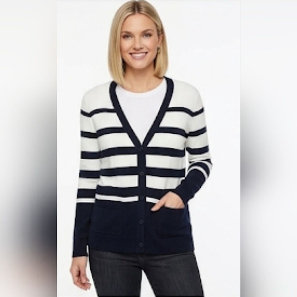 RW&CO. Navy and White Striped V-Neck Cardigan Sweater